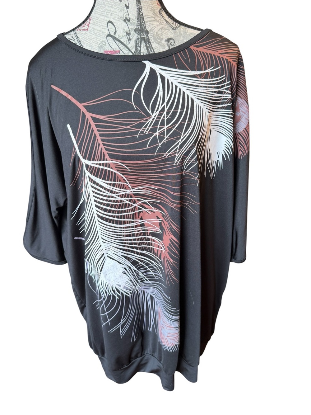 Black Feather-Print Tunic Top - Relaxed Fit